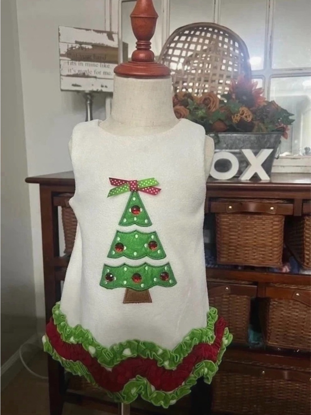 Bonnie Baby HolidayWhite Dress with Green and Red Christmas Tree Appliqué